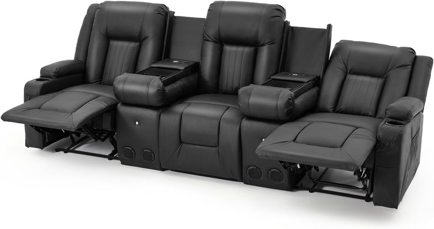 YODOLLA Faux Leather Recliner Sofa w/ 2 Consoles, Black
