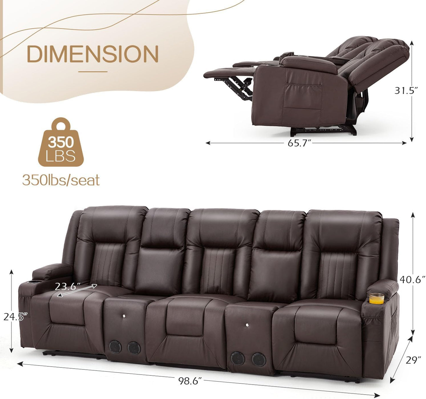 YODOLLA Brown Reclining Sofa w/ 2 Consoles & Speakers