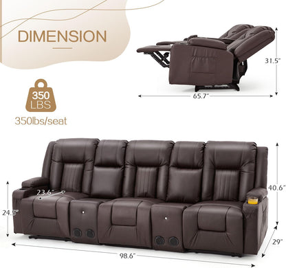 YODOLLA Brown Reclining Sofa w/ 2 Consoles & Speakers