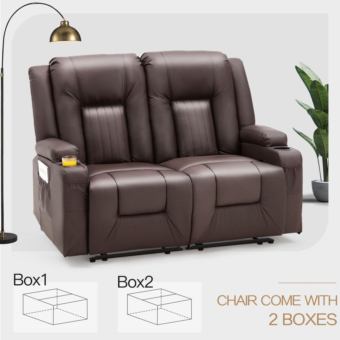YODOLLA 2-Seat Recliner Sofa, Faux Leather, Cup Holders, Brown