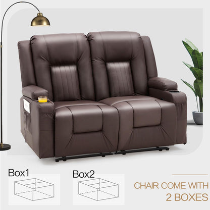 YODOLLA 2-Seat Recliner Sofa, Faux Leather, Cup Holders, Brown
