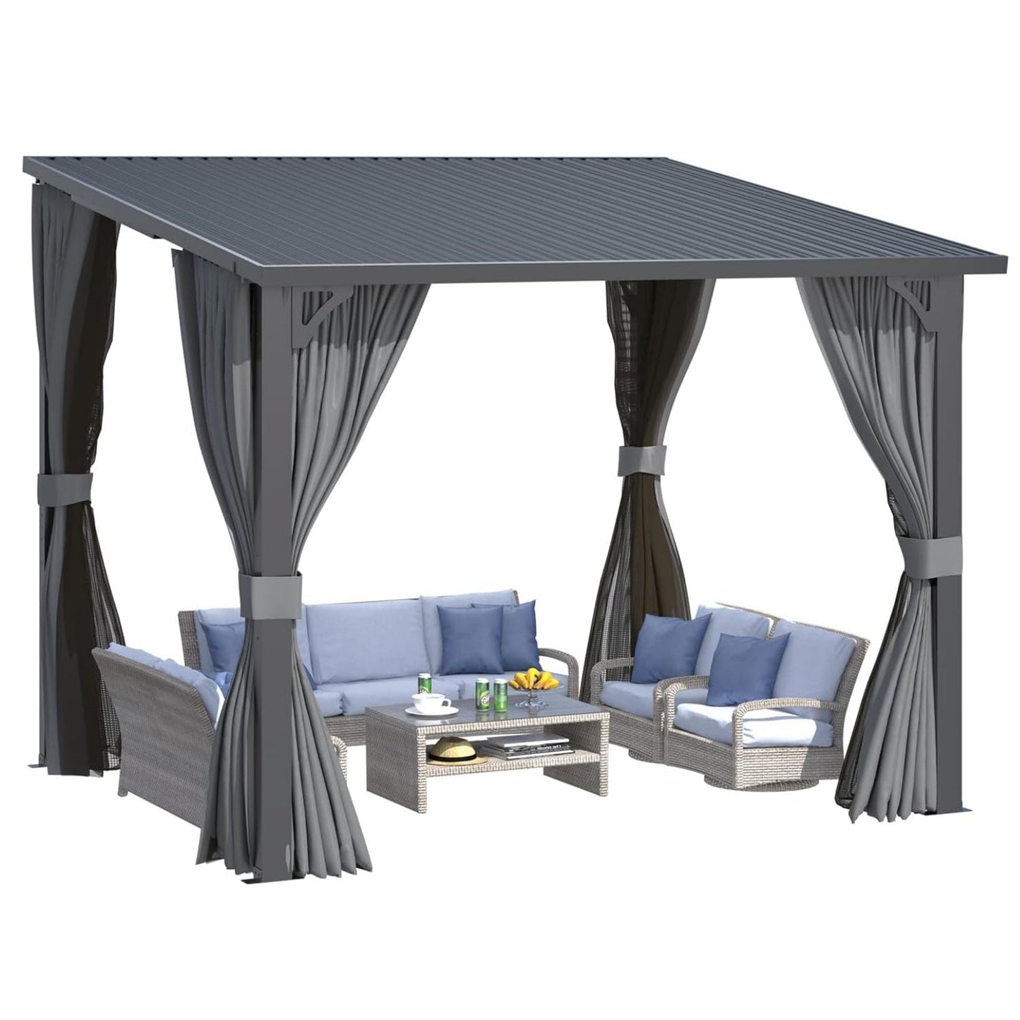 YODOLLA 2.4x2.4m Lean-to Gazebo with Curtains and Mosquito Netting