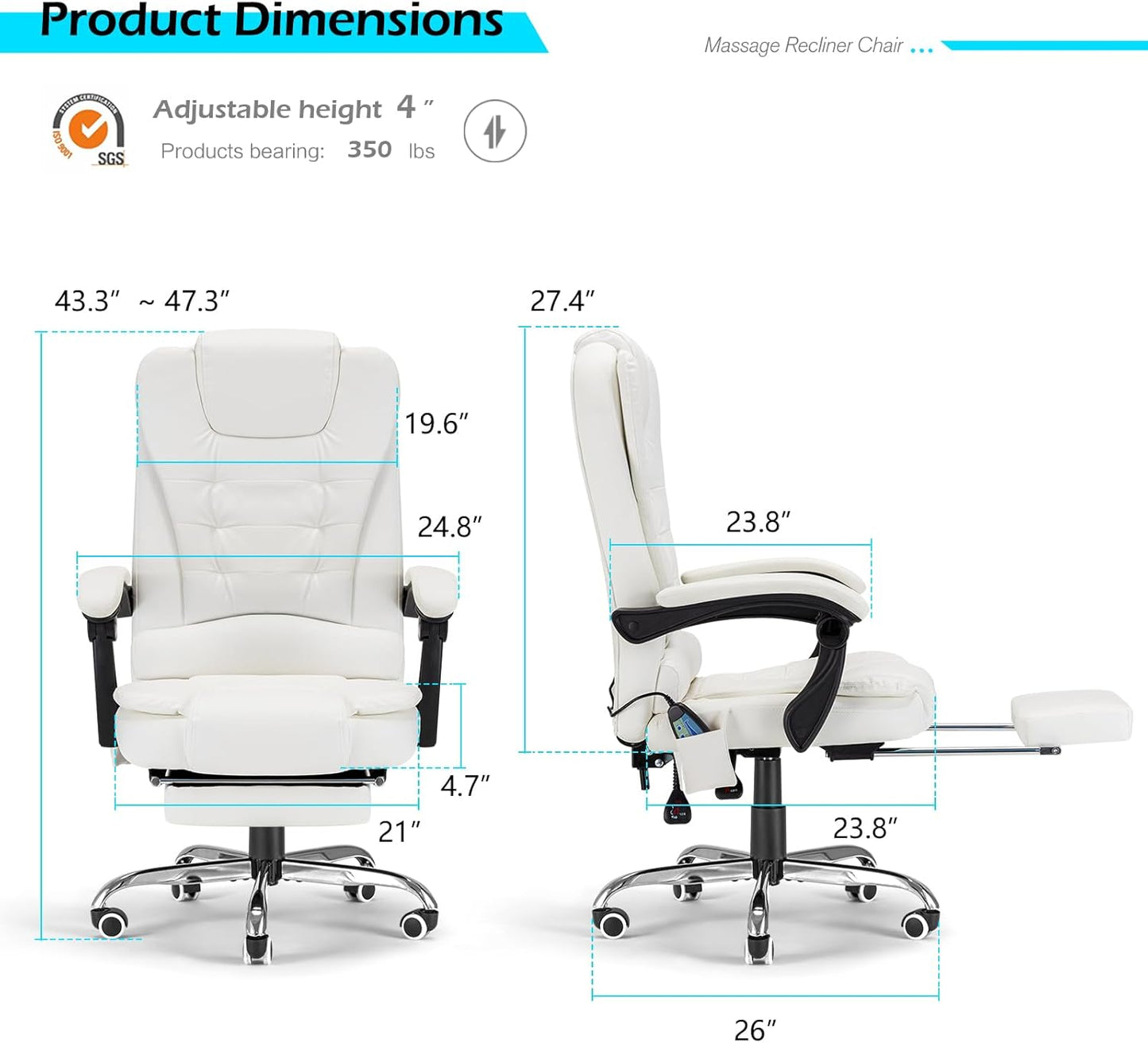 YODOLLA Massage Office Chair with Heat w/Retractable Footrest, Cream White