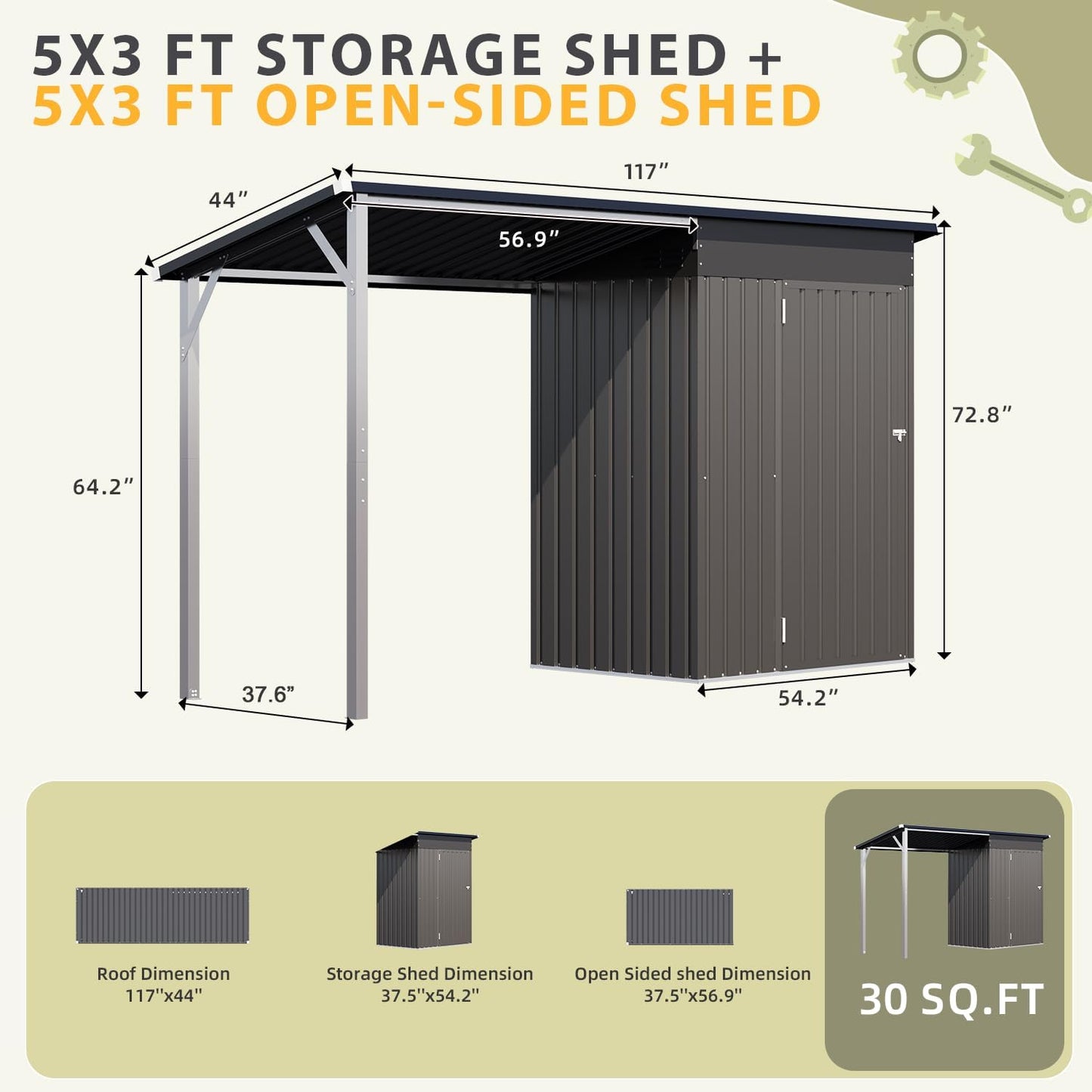 YODOLLA Outdoor Open-Sided Storage Shed, 3x5 Sheds with 15 Sq. Ft Covered