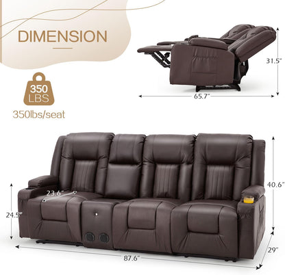 YODOLLA Faux Leather Recliner Sofa w/ Console, Brown