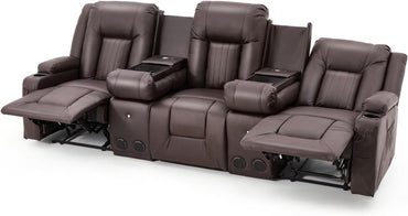 YODOLLA Brown Reclining Sofa w/ 2 Consoles & Speakers