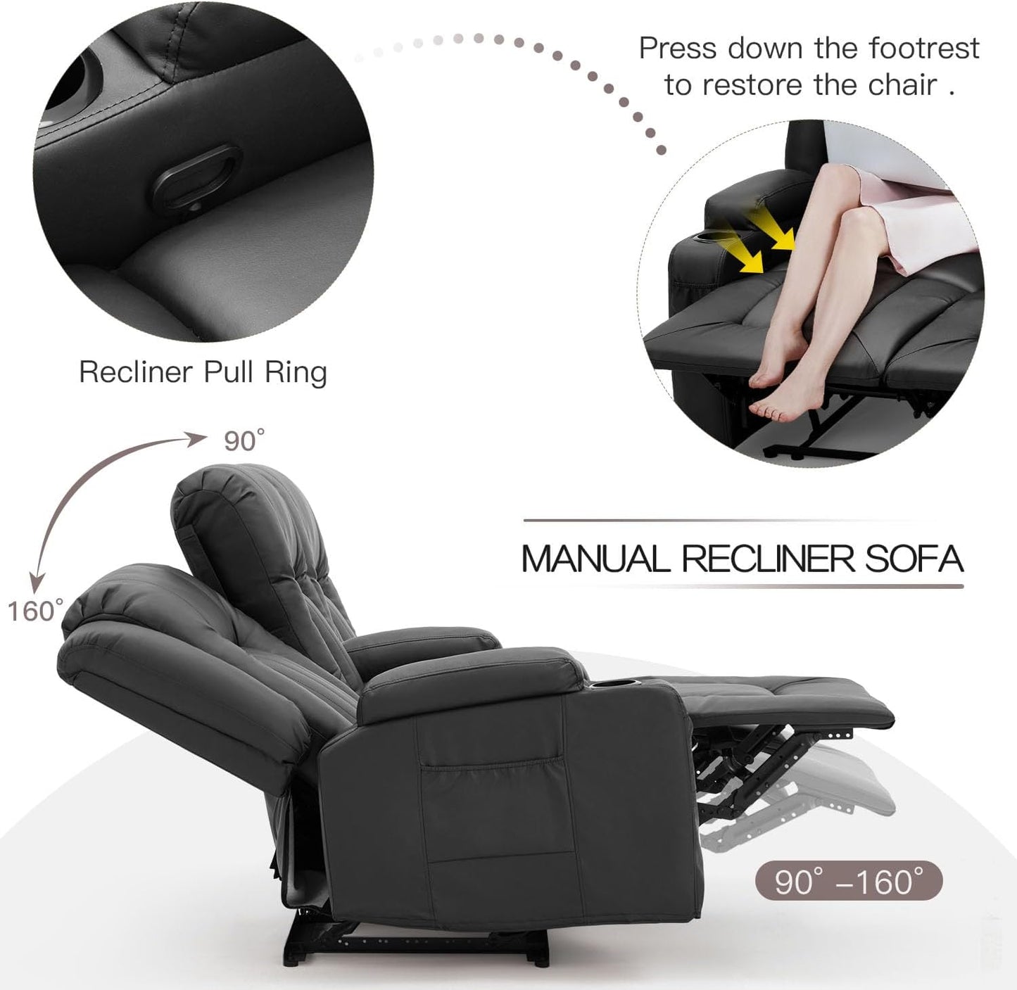 YODOLLA 3-Seat Recliner Sofa, Black Faux Leather