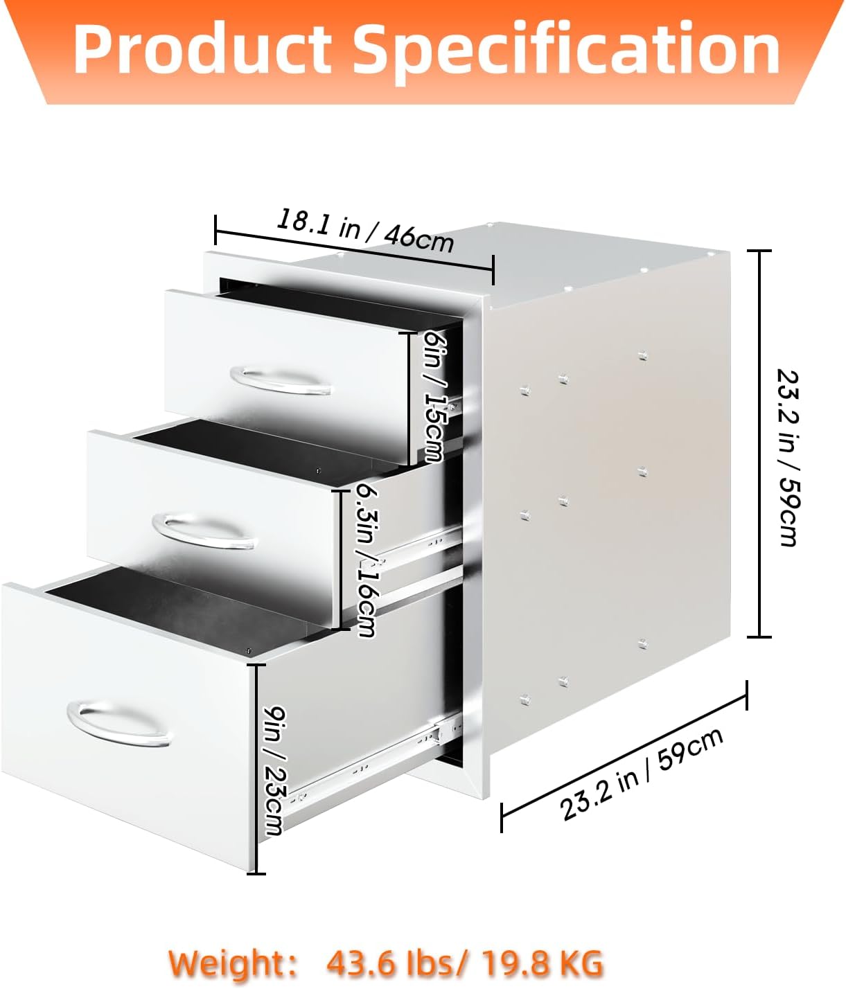 YODOLLA Triple BBQ Drawer, 18x23" Outdoor Kitchen, Stainless Steel