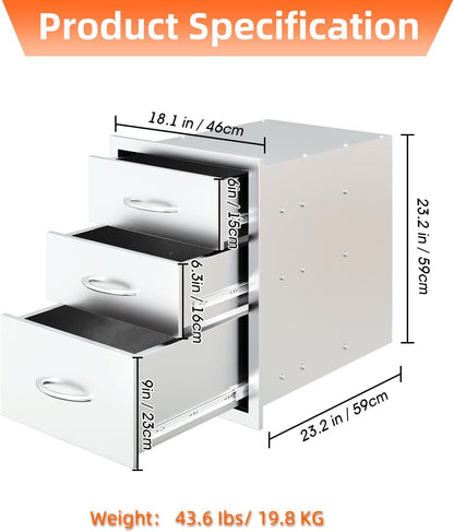 YODOLLA Triple BBQ Drawer, 18x23" Outdoor Kitchen, Stainless Steel