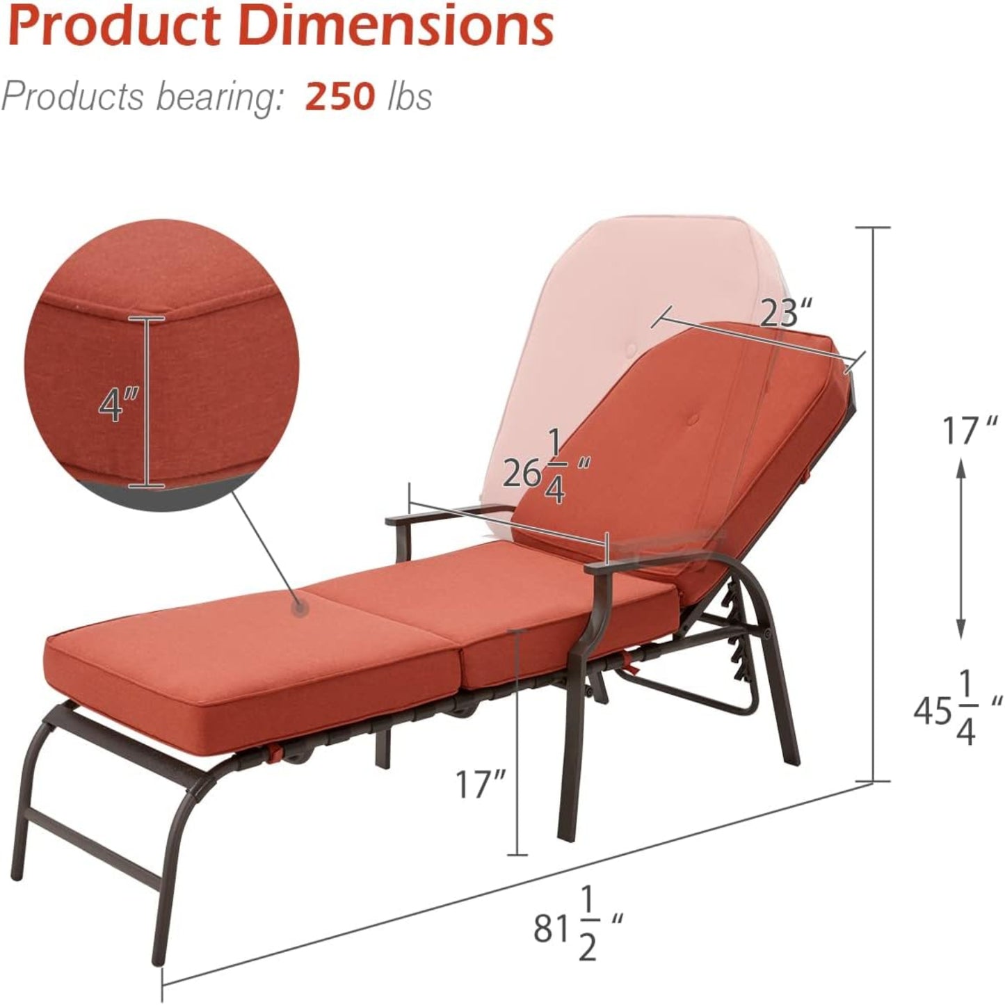 YODOLLA Adjustable Outdoor Chaise Lounge, Orange