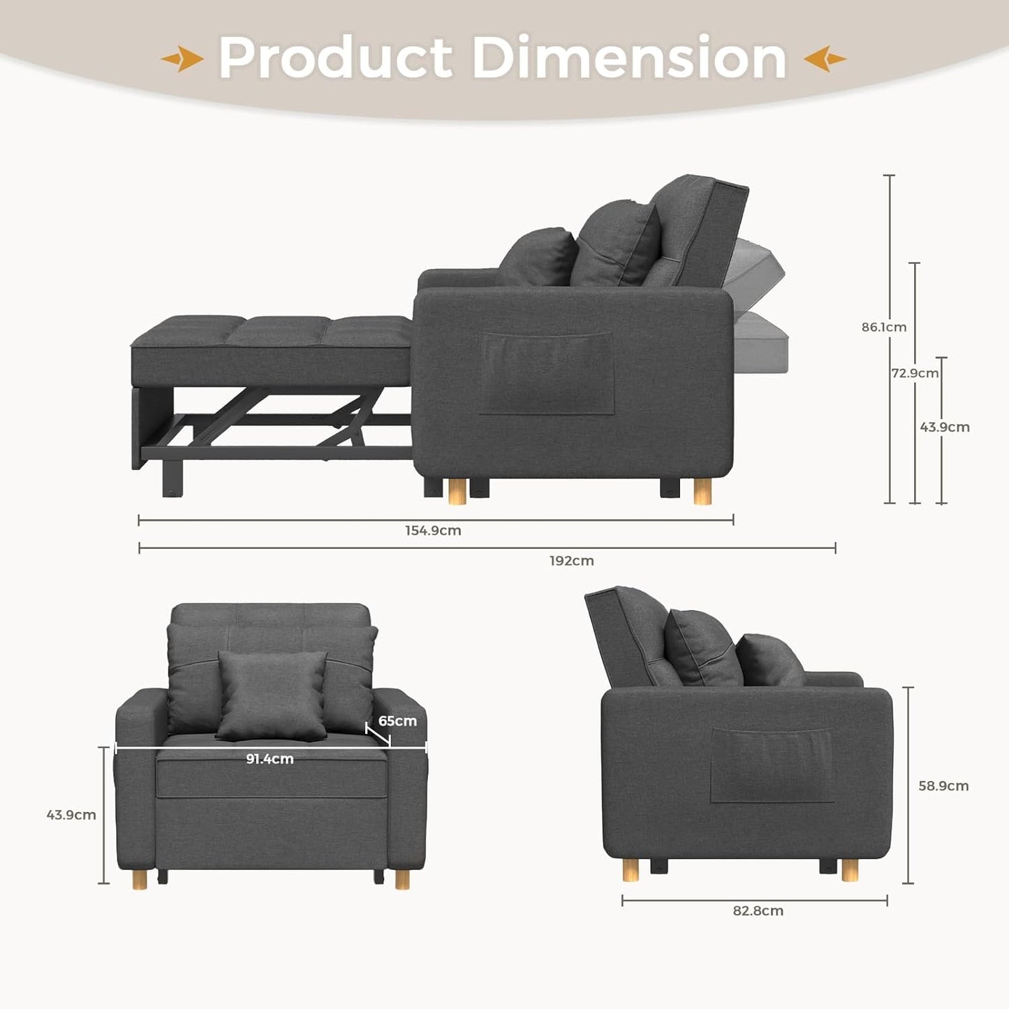 YODOLLA 36" Convertible Chair Bed, Modern Grey