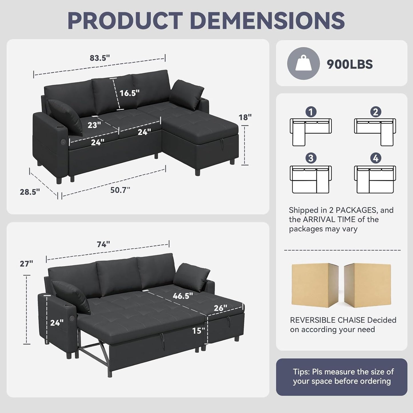 YODOLLA L-Shaped Sleeper Sofa, Pullout Bed, USB & Storage, Black