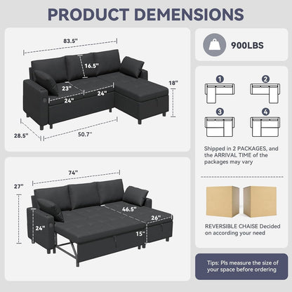YODOLLA L-Shaped Sleeper Sofa, Pullout Bed, USB & Storage, Black