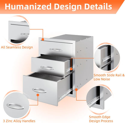 YODOLLA Triple BBQ Drawer, 18x23" Outdoor Kitchen, Stainless Steel