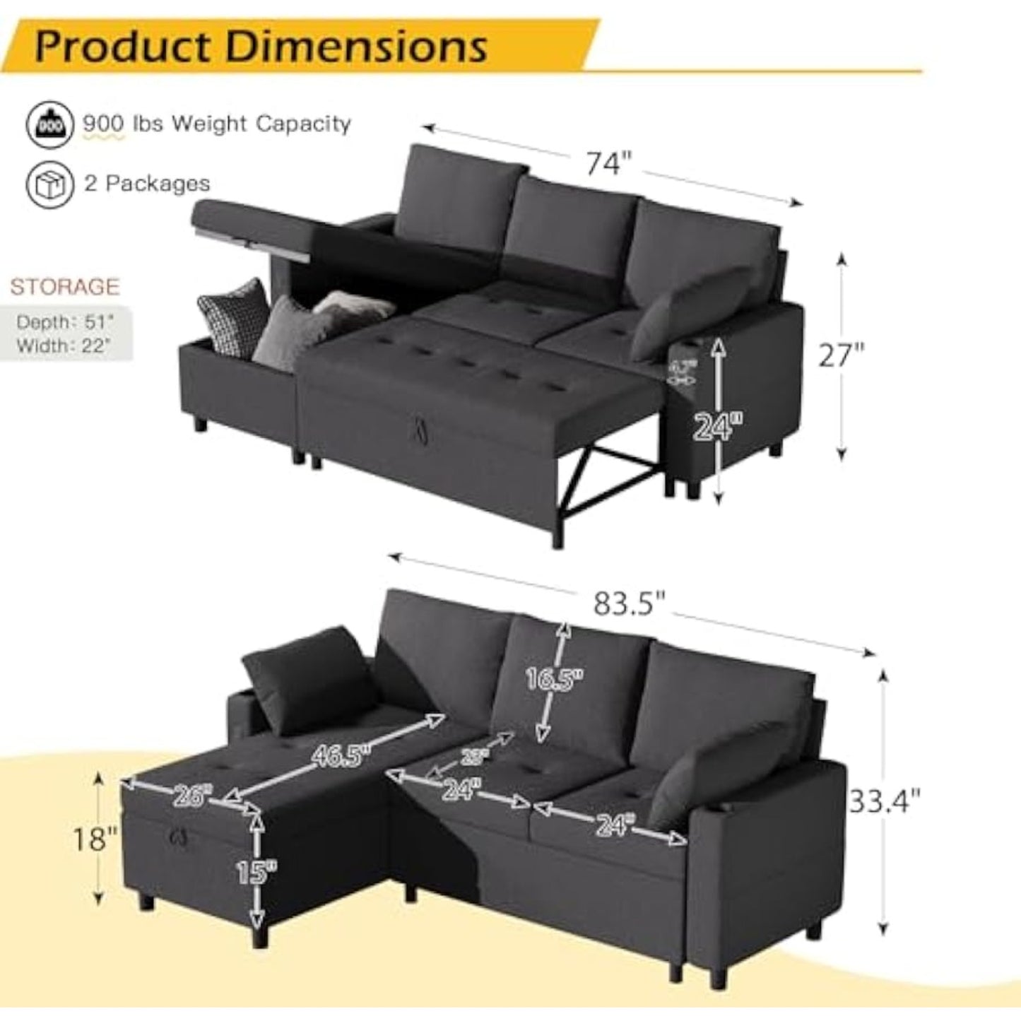 YODOLLA Teddy Velvet L-Shaped Sleeper Sofa, Pullout Bed, USB & Storage, Black