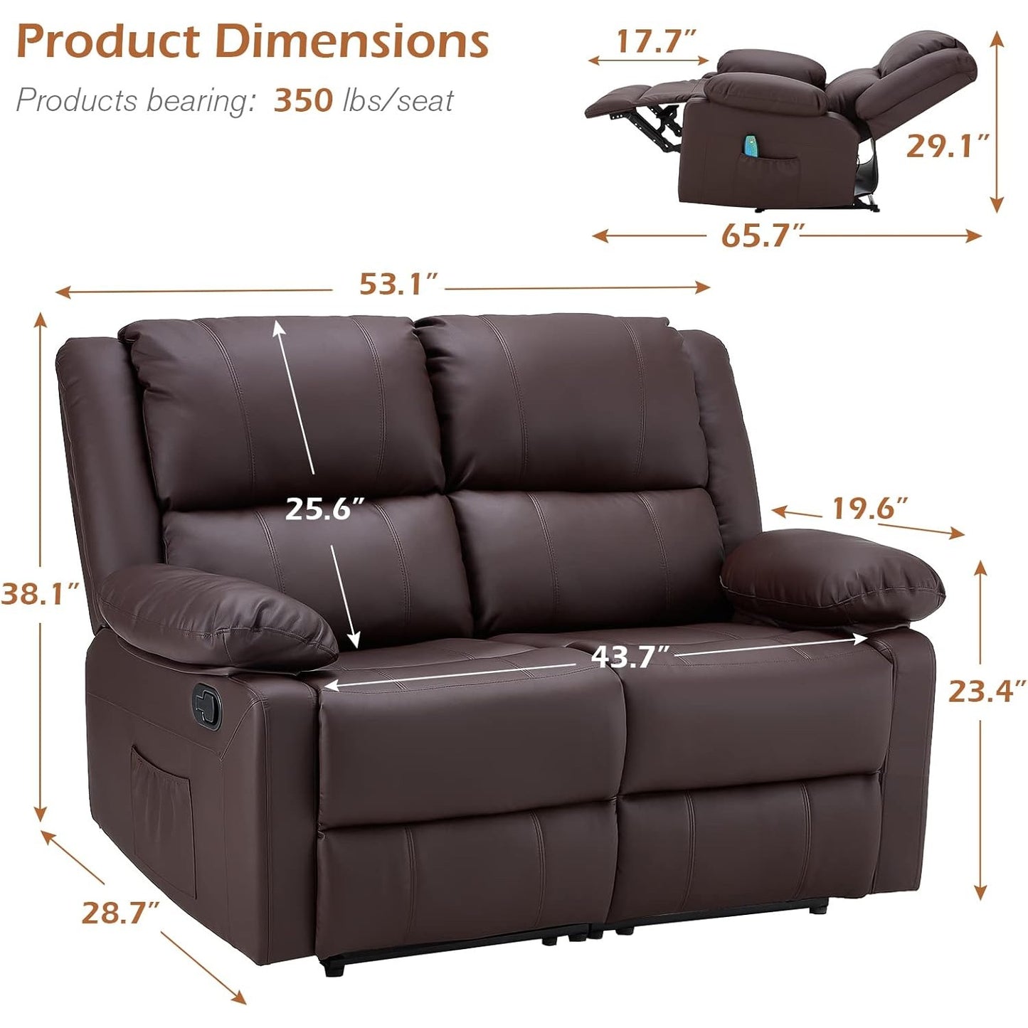 YODOLLA 2 Seat Loveseat Recliner with Heat&Massage Function, Faux Leather, Brown