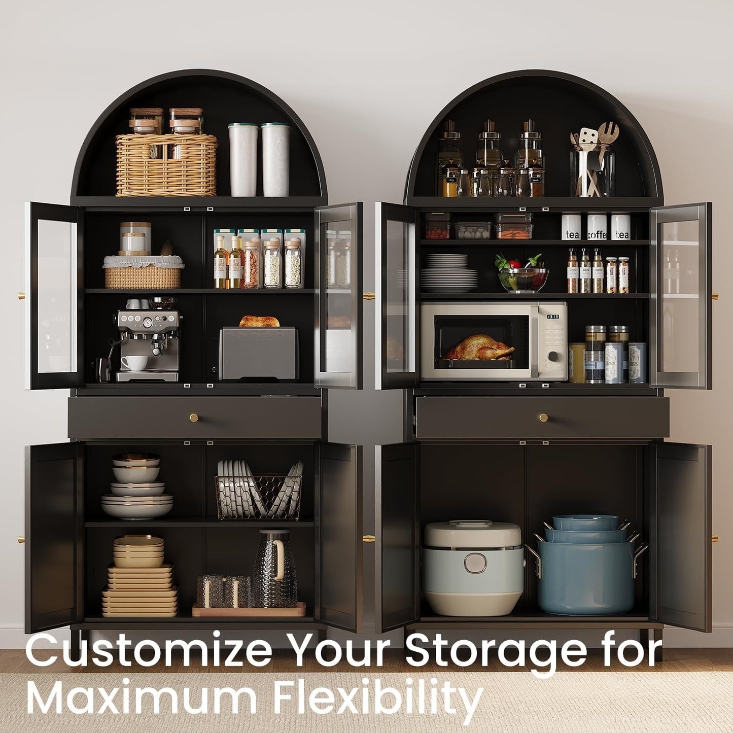 YODOLLA 73'' Kitchen Pantry, Metal Arched Storage Cabinet with Glass Doors/Adjustable Shelfs/Drawer