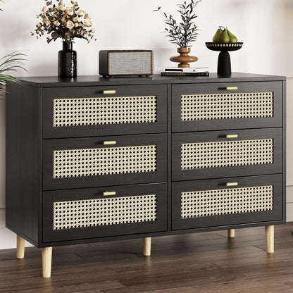 YODOLLA Wicker Dresser 6 Drawer Rattan Dresser, Black