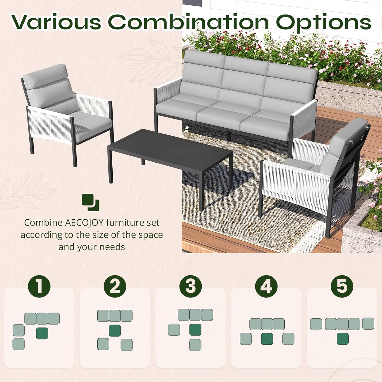 YODOLLA 4 Pieces Aluminum Patio Furniture Set with PE Rope Armrest, Light Grey