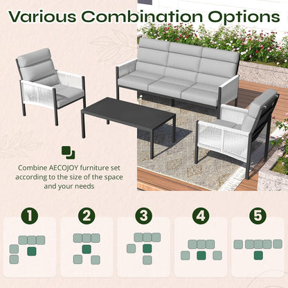 YODOLLA 4 Pieces Aluminum Patio Furniture Set with PE Rope Armrest, Light Grey