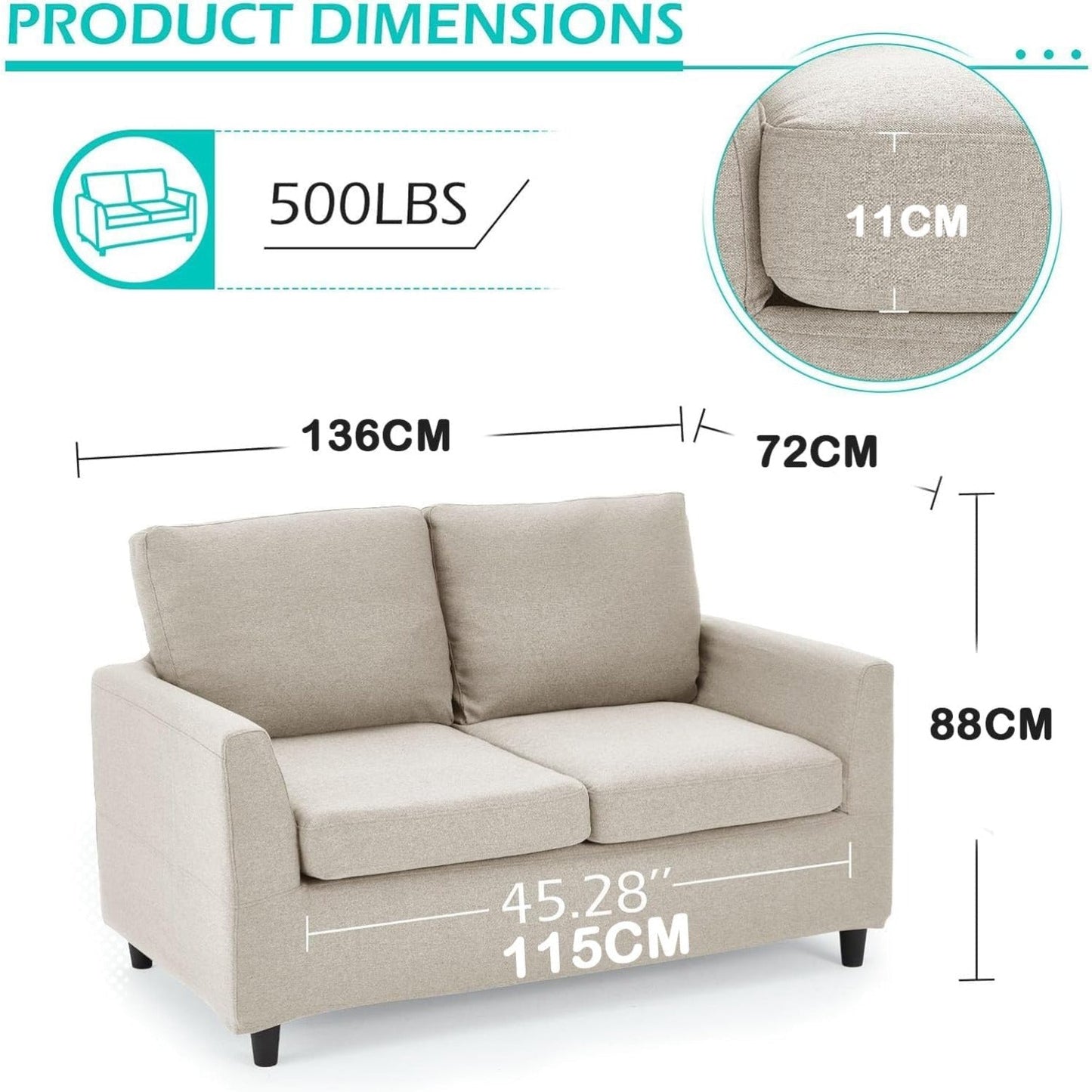 YODOLLA 2 Seater Sofa with Removable Sofa Covers, Morden Love Seat Comfy Couch
