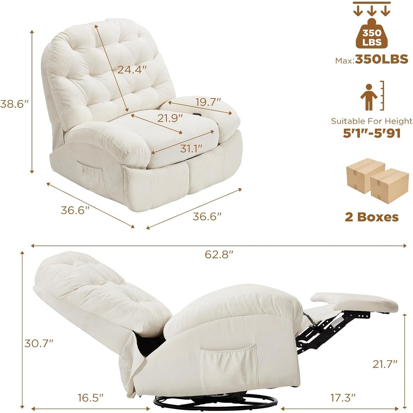 YODOLLA Oversized Recliner Chair, 360° Swivel Rocking Glider, Chenille Rocker, Cream White