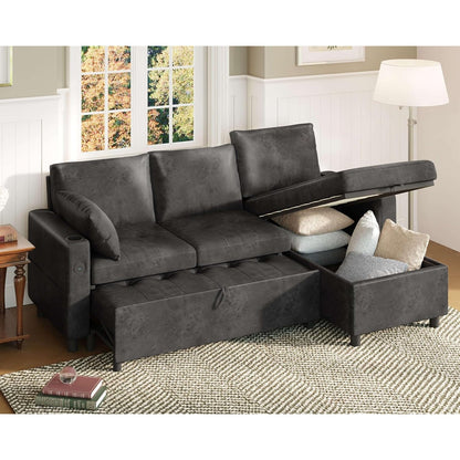 YODOLLA Faux Leather L-Shaped Sleeper Sofa, Pullout Bed, USB & Storage, Black