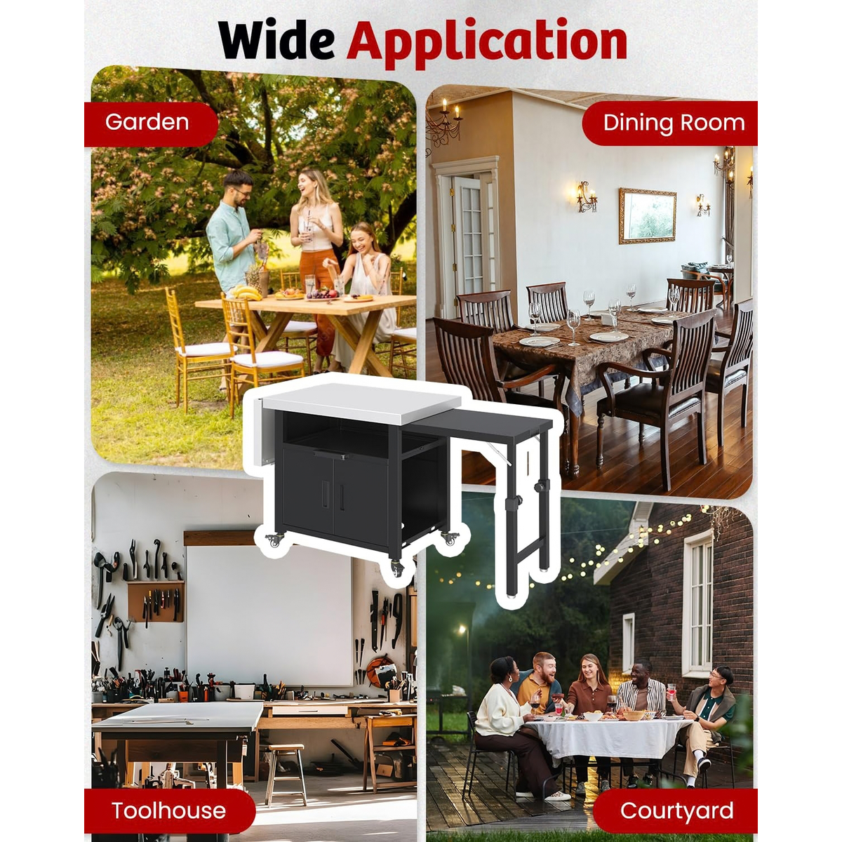 YODOLLA Outdoor Kitchen Island with Cabinet and 2 Side Table Movable Bar Cart