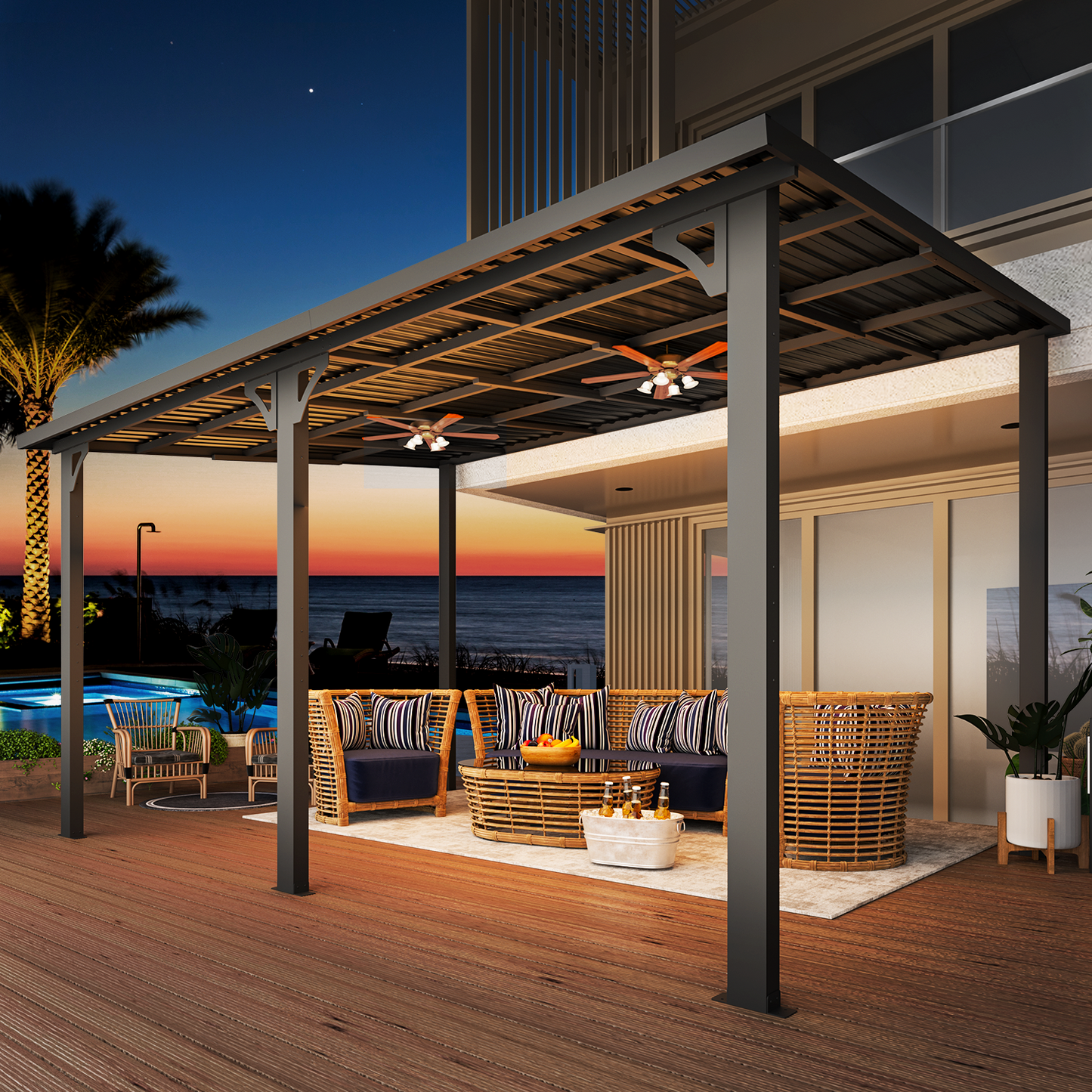 YODOLLA 14' x 10' Hard Top Lean to Gazebo Outdoor Pergola, Dark Grey