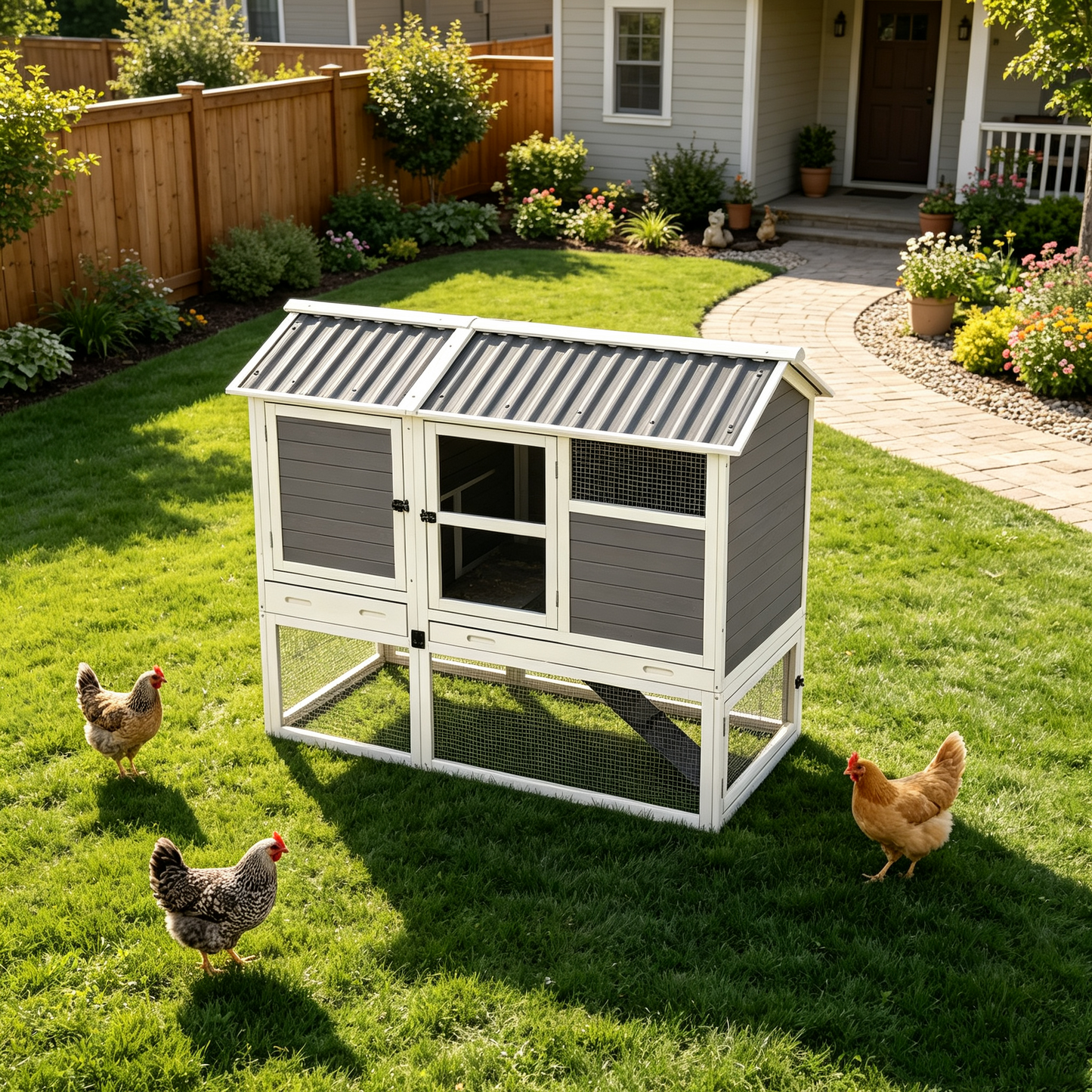 YODOLLA 83'' Large Chicken Coop with 4 Nesting Boxes, Grey & White