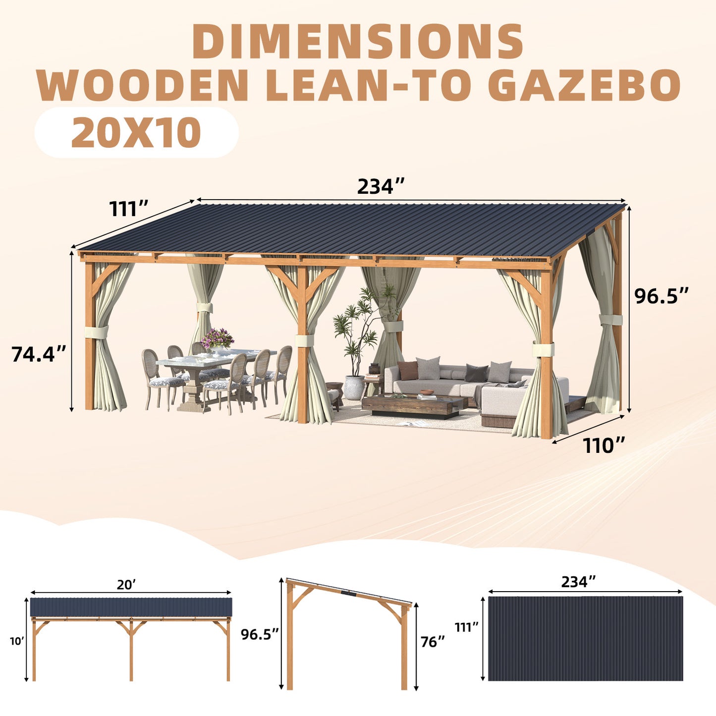 YODOLLA 20x10 Outdoor Wooden Pergola Gazebo with Curtains and Netting for Patio