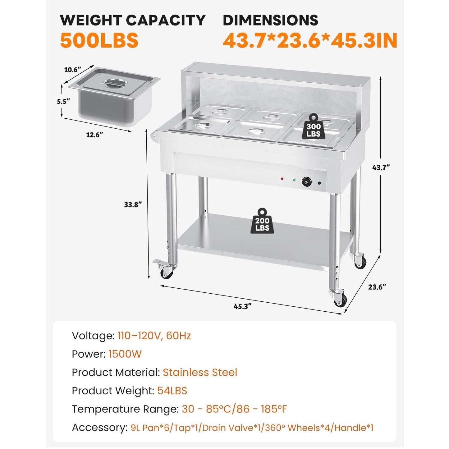 YODOLLA Commercial Food Warmer 1500W Electric Steam Table with 6x10QT Pans