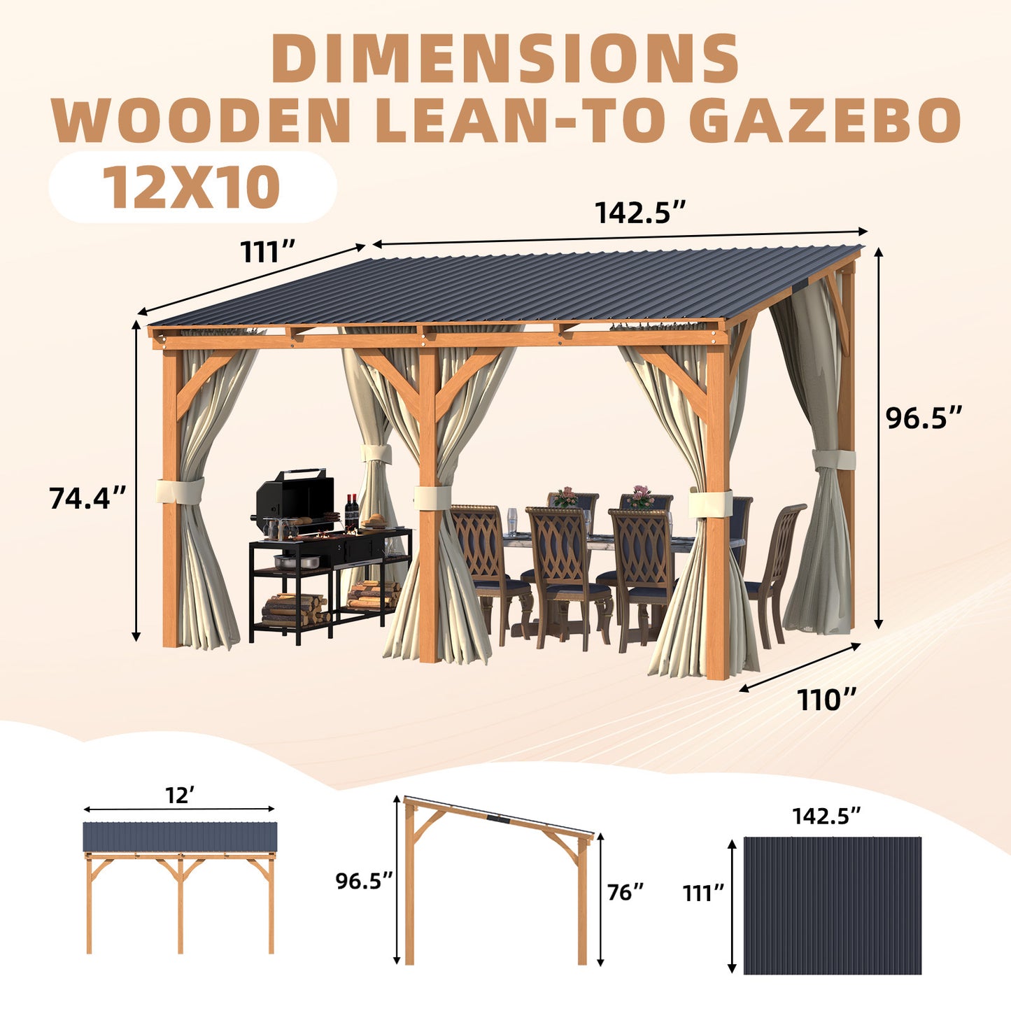 YODOLLA 12x10 Outdoor Wooden Pergola Gazebo with Curtains and Netting for Patio