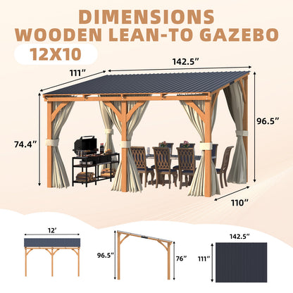 YODOLLA 12x10 Outdoor Wooden Pergola Gazebo with Curtains and Netting for Patio