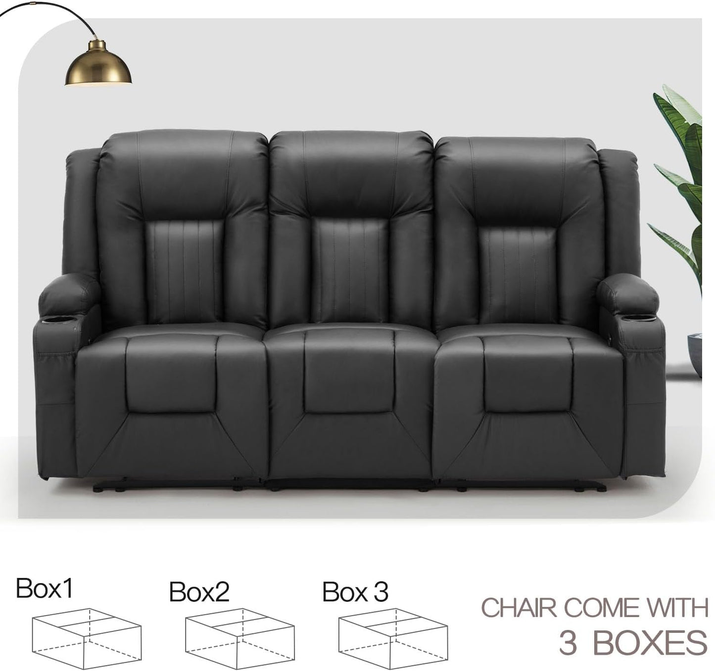 YODOLLA 3-Seat Recliner Sofa, Black Faux Leather