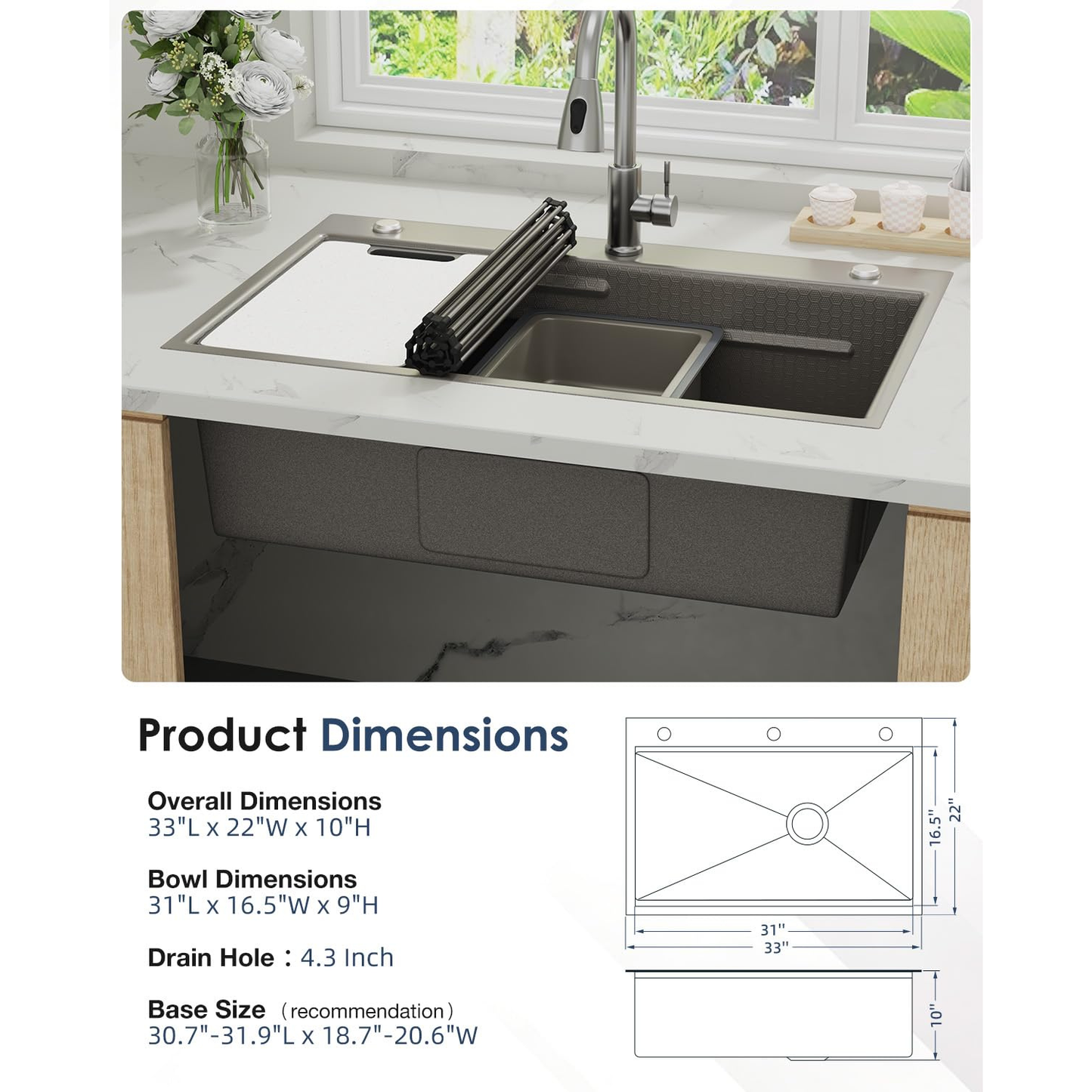 YODOLLA 33x22 Inch Drop-in/Topmount Kitchen Sink