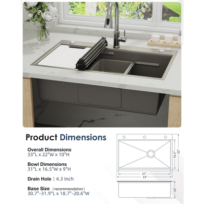 YODOLLA 33x22 Inch Drop-in/Topmount Kitchen Sink