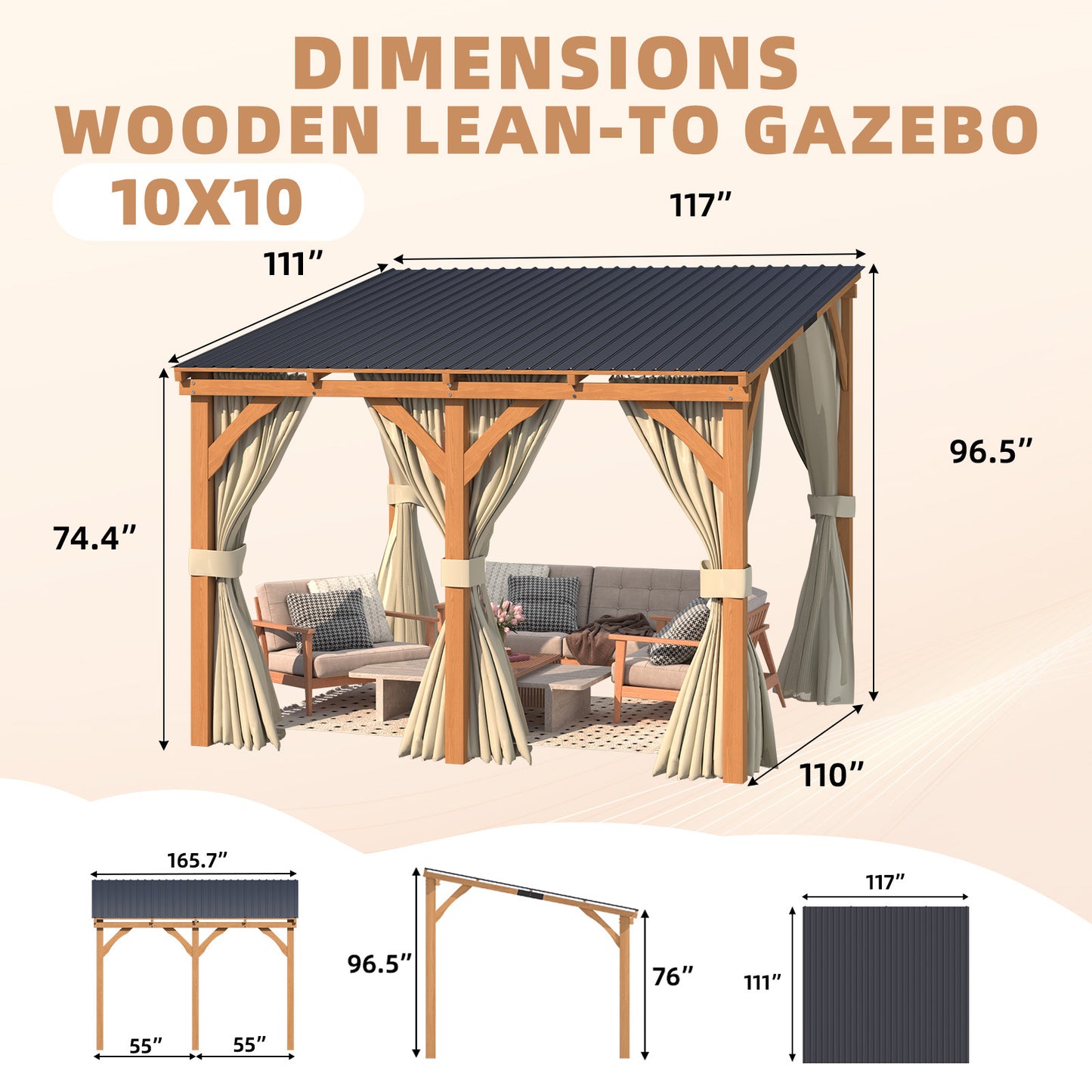 YODOLLA 10x10 Outdoor Wooden Pergola Gazebo with Curtains and Netting for Patio