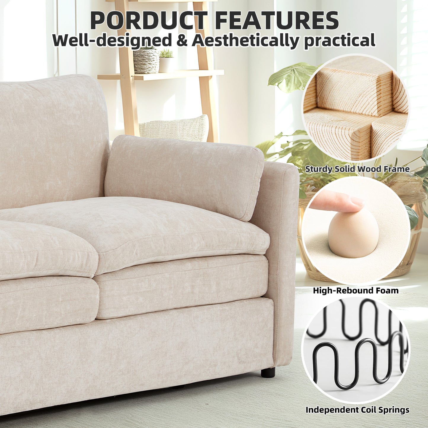 YODOLLA 89" Chenille Sofa, 3-Seater, 2 Removable Pillows, Cream White