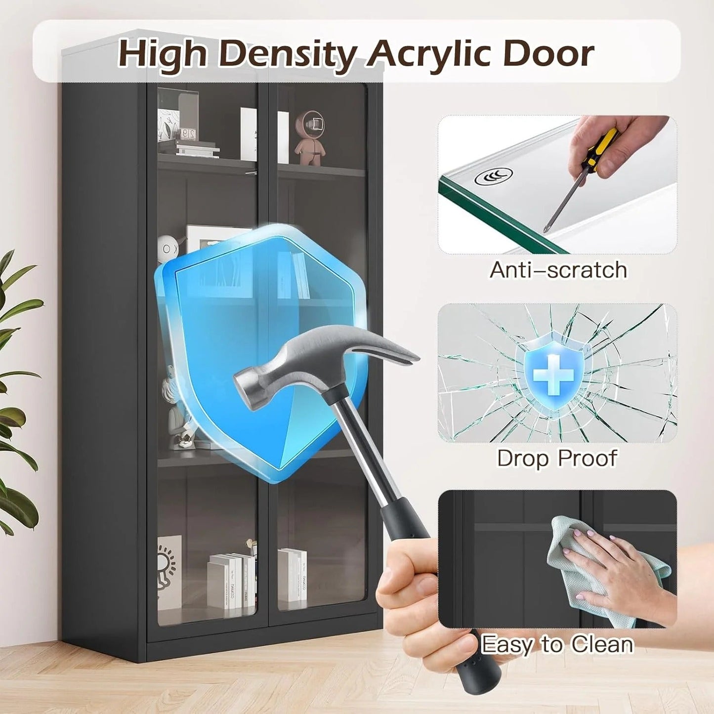 YODOLLA Display Cabinet with Acrylic Glass Doors and 3 Adjustable Shelves