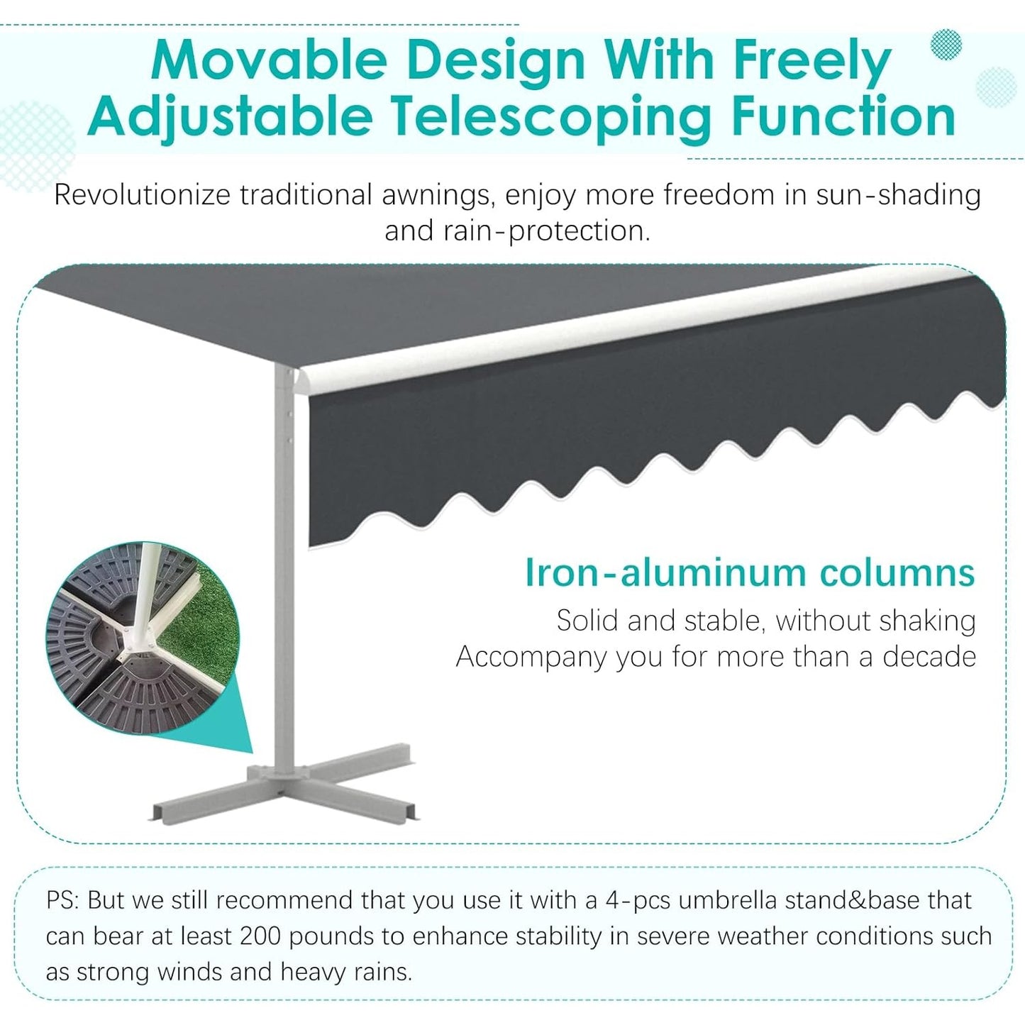 YODOLLA 10'x8' Single Side Free Standing Retractable Awning, Dark Gray