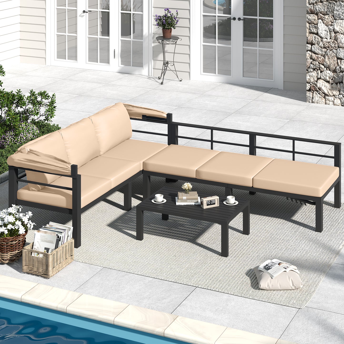 YODOLLA Patio Furniture Set with Retractable Canopy, Beige