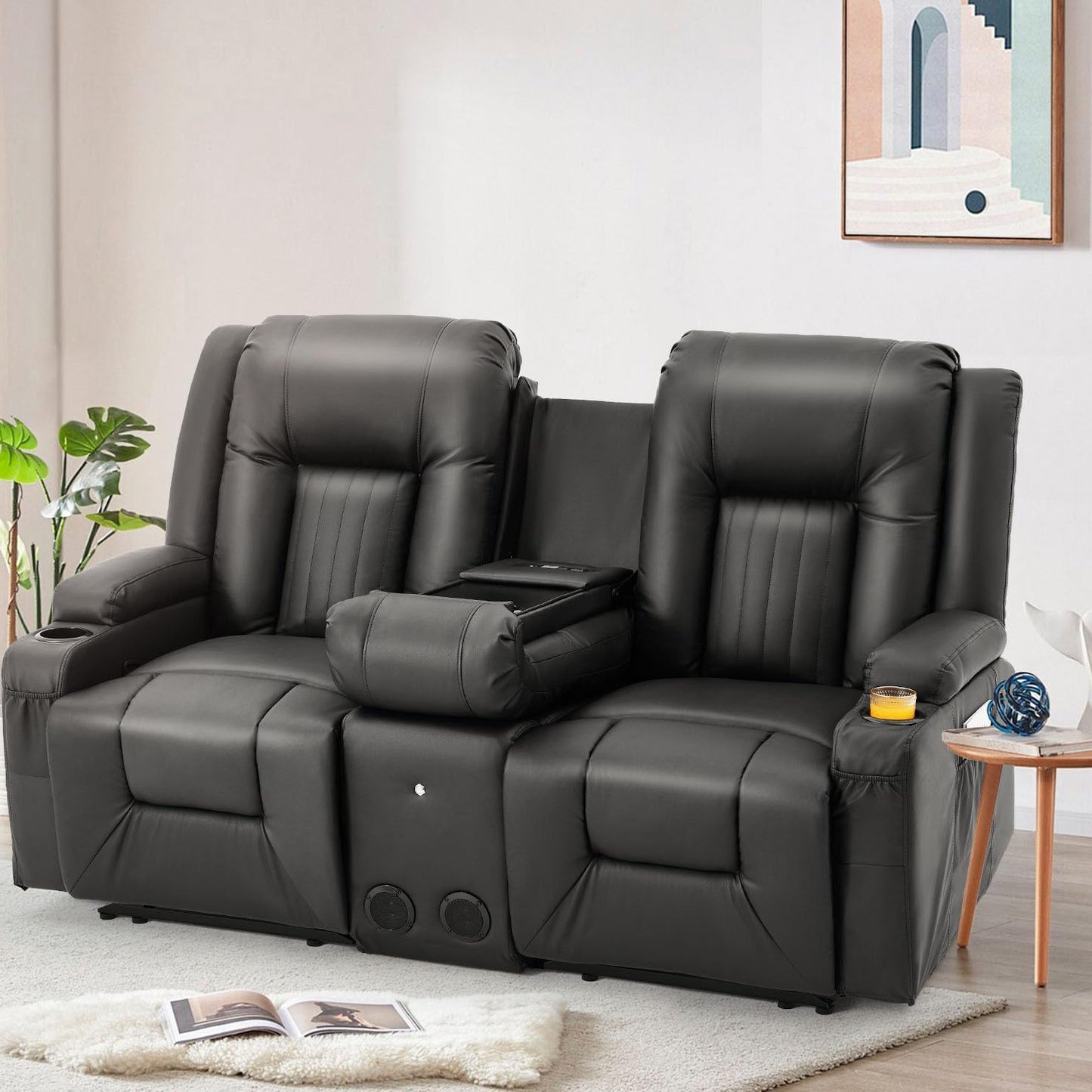 YODOLLA Faux Leather RV Loveseat w/ Console & USB, Black