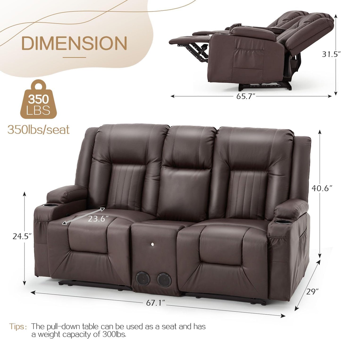 YODOLLA Faux Leather Recliner Sofa w/ Console, Brown