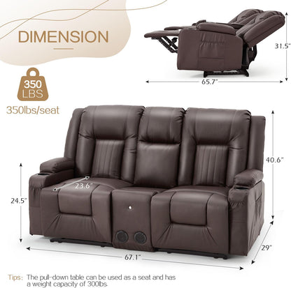 YODOLLA Faux Leather Recliner Sofa w/ Console, Brown