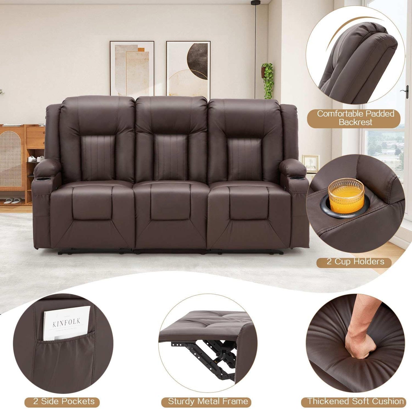 YODOLLA Home Theater Seating, 2-Cup Holders, Brown