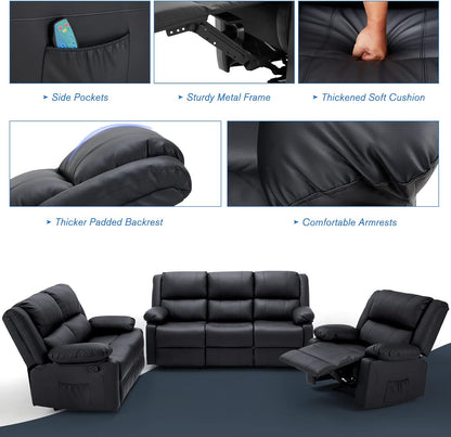 YODOLLA 3 PCS Recliner Sofa Set Overstuffed Leather Reclining Sofa, Black