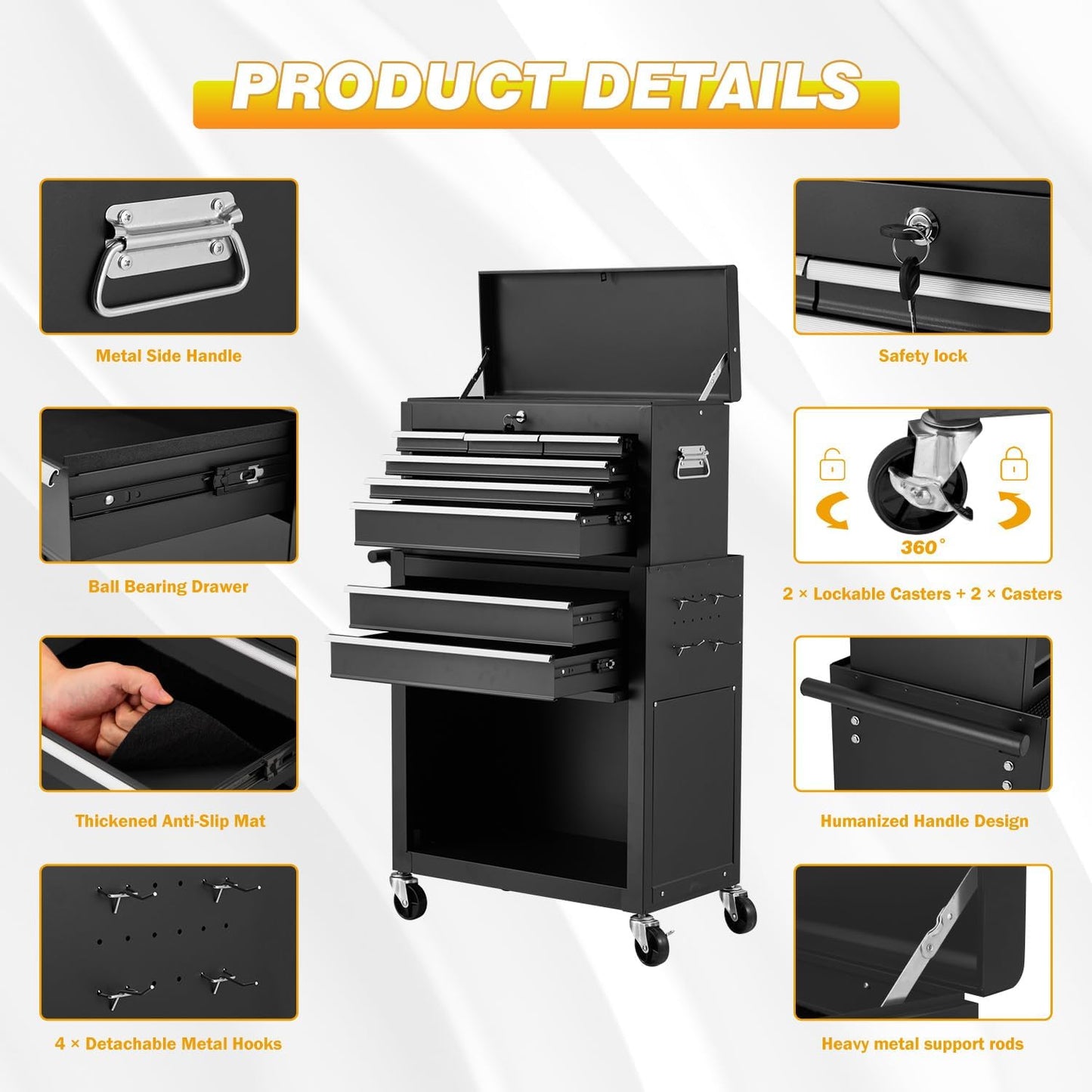 YODOLLA Rolling Tool Chest with Wheels, Detachable Metal Tool Box with Drawers