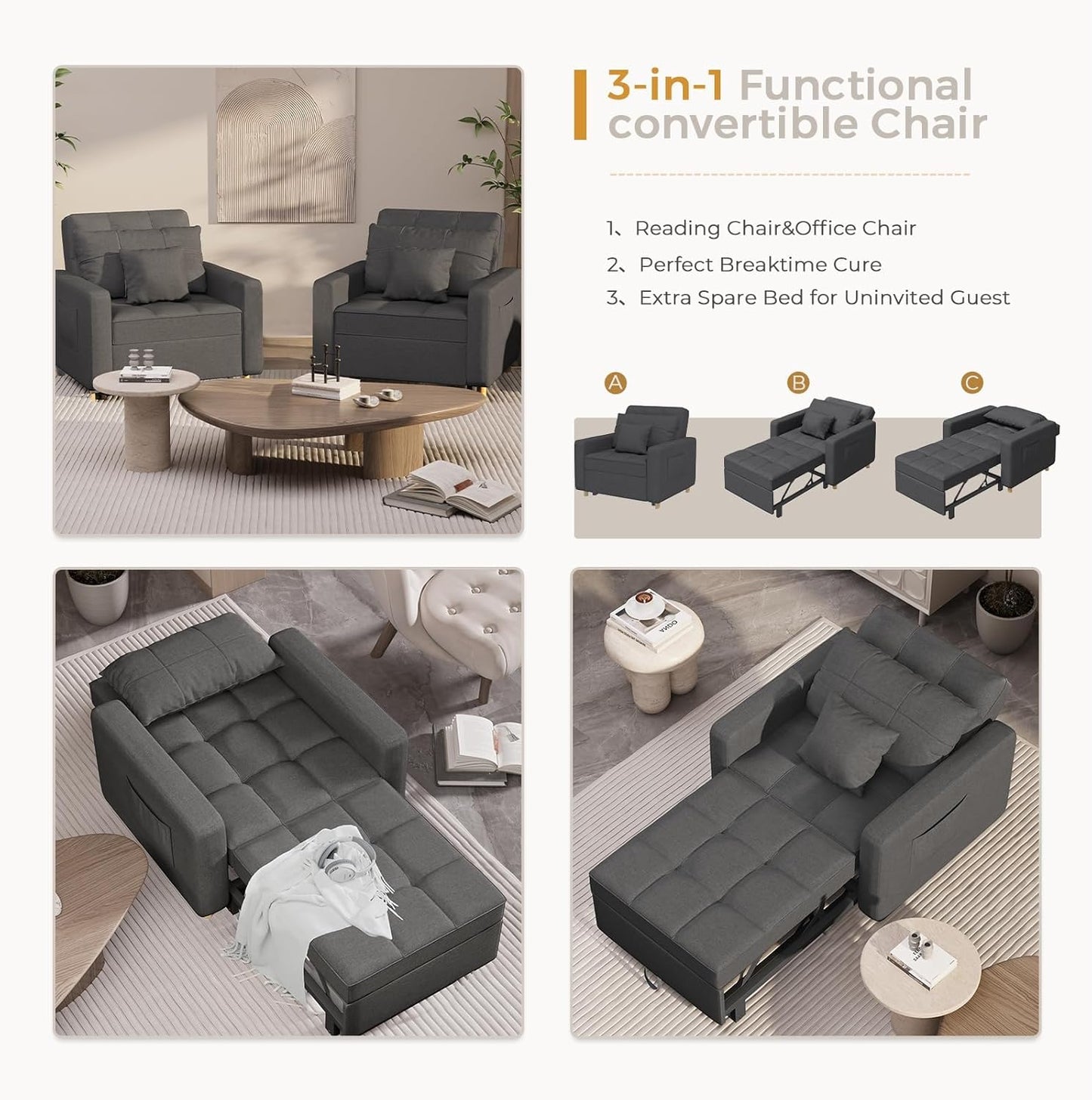 YODOLLA 36" Convertible Chair Bed, Modern Grey