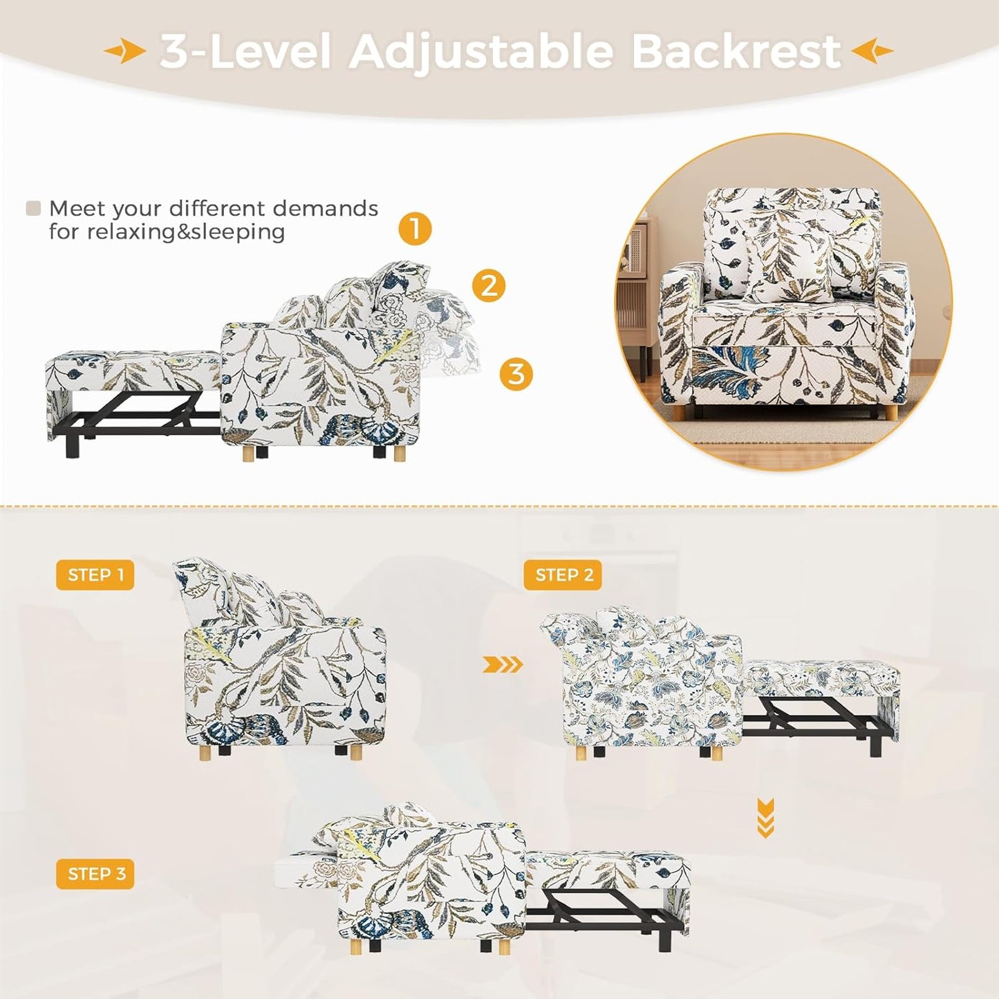 YODOLLA 3 in 1 Chair Bed Sleeper for Adults, Floral